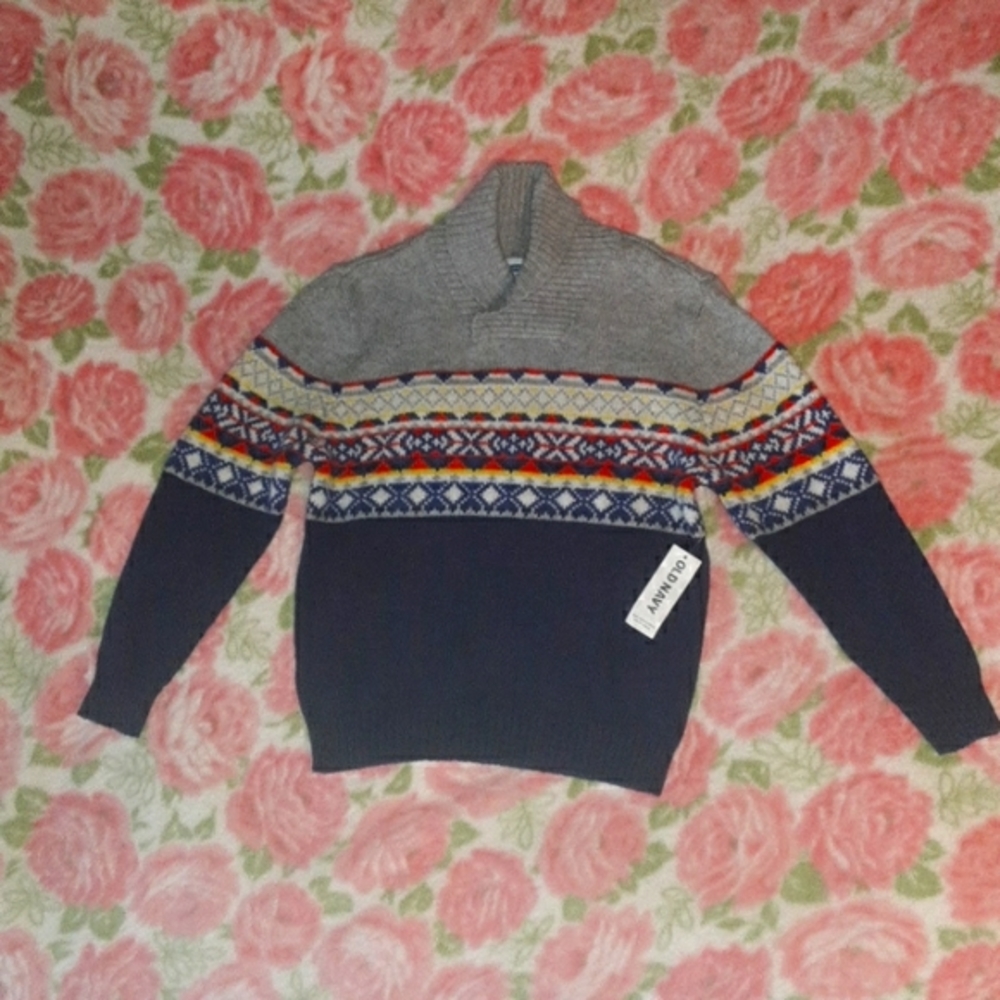 NWT Old Navy Boys Nordic Shawl Collar Sweater Gray Blue Red Size XS 5
